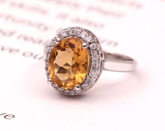 Oval Natürlicher Citrin Ring, Statement Ring, Boho Schmuck, Facettierter Goldener Topas Ring, Halo Vorschlag Ring, Geschenk für ihre Frauen Frau