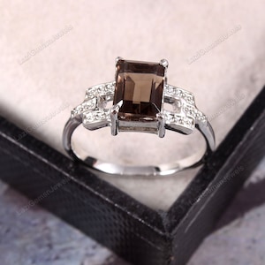 Rectangle Smoky Quartz Ring Art deco Ring 925 Sterling Silver Statement Ring Jewelry Ring Boho Ring Wedding Ring Girls Wife Moms Gift her