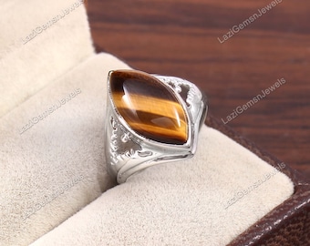 Tijgeroogring, edelsteen verstelbare ring, juni Birthstone sieraden, marquise edelsteen, sterling zilveren sieraden, Steenbok cadeau, Leo cadeau