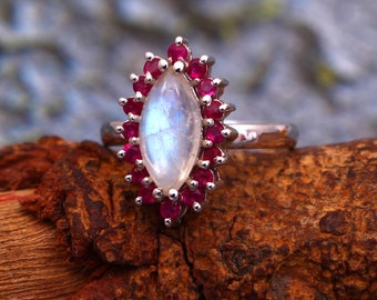 Marquise Rainbow Moonstone Ruby Ring Dainty Halo Ring Vintage Jewelry Ring Statement Ring Cocktail Ring 925 Sterling Silver Moms Wife Gift