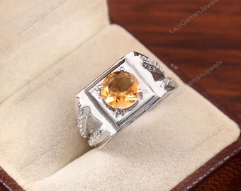 Round Halo Engagement Ring, Natural Citrine Ring, Round Citrine Ring, November Birthstone Wedding Ring, 925 sterling silver