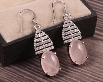 Pendientes de cuarzo rosa Drop Dangle 925 joyería de plata de ley Pendientes de piedras preciosas Art Déco, Pendientes de declaración delicada regalo de dama de honor para ella