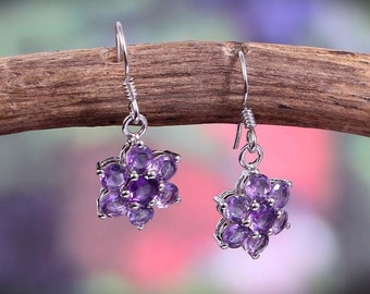 Flower Amethyst Earrings-Dangle Botanical Earrings-925 Sterling Silver Minimalist Jewelry-Dainty Statement Earrings-Boho Moms wife gift her