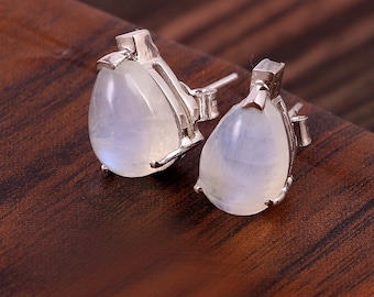 Pear Rainbow Moonstone Earrings Minimalist 925 Sterling Silver Natural Rainbow Moonstone Earrings June Birthstone Gemstone Stud
