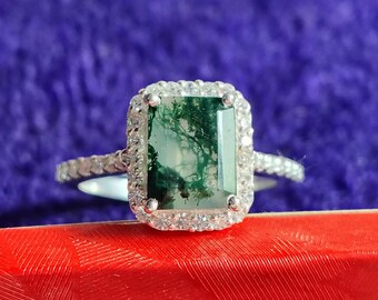 Anillo de ágata musgosa natural rectangular de plata de ley 925, anillo de compromiso apilable, regalo de cumpleaños para ella