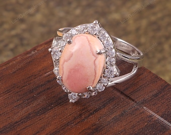 Rhodochrosite  Ring,  Statement Ring,Delicate Halo Cluster Art deco Ring-925 Sterling Silver Ring Moms Wife Gift her Pink Stone Ring