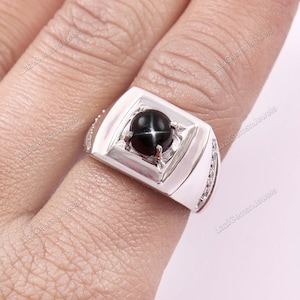 Natural Black Star sapphire Ring, Statement Ring, Solid 925 Sterling Silver, Solitaire Ring, Oval Black Star Ring, Bridesmaid Gift,