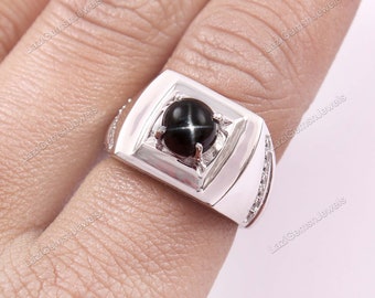 Natural Black Star sapphire Ring, Statement Ring, Solid 925 Sterling Silver, Solitaire Ring, Oval Black Star Ring, Bridesmaid Gift,