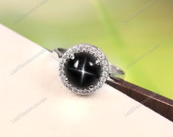 Natural Black Star Sapphire Ring Statement Ring Solid 925 Sterling Silver Round Black Star Ring Solitaire Ring Stacking Ring Bridesmaid Gift