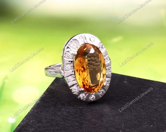 Natural Golden Topaz Ring - 925 Sterling Silver - Jewelry CZ Diamond Topaz Ring- Statement Rings - November Birthstone - Women's Ring