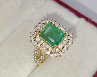 Natural Zambian Emerald Ring Engagement 925 Sterling Silver Ring Solitaire Genuine Green Emerald Rings   For Women