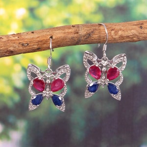 Butterfly Sapphire Ruby Earrings-Dangle Botanical Earrings-Minimalist Dainty Statement Earrings-925 Sterling Silver-Boho Bridesmaid Gift her