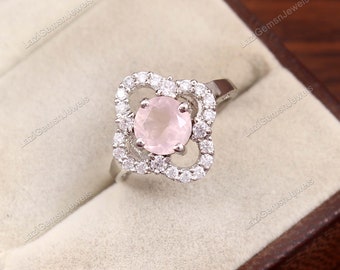 Genuine Oval Rose Quartz Ring in Sterling Silver, Natural Rose Quartz Ring, CZ, Pink Quartz Crystal, Vintage Inspired Design