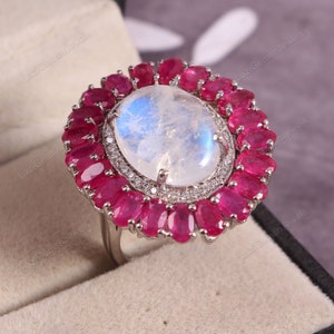 Natural Moonstone Ruby Ring,Art Deco Cluster Ring,Big Bohemian Ring,Statement Ring,Rainbow Queen Ring,Gift for Her 925 Sterling Silver