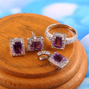 Natural Amethyst Jewelry Set Amethyst Pendant Amethyst Ring Amethyst Earrings Wedding jewelry Set 925 sterling silver Jewelry set