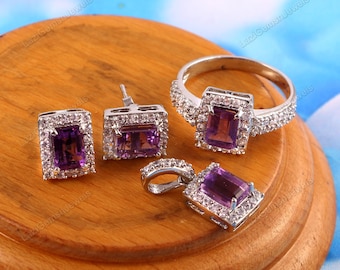 Natural Amethyst Jewelry Set Amethyst Pendant Amethyst Ring Amethyst Earrings Wedding jewelry Set 925 sterling silver Jewelry set