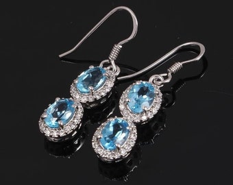 Boucles d'oreilles topaze bleue naturelle, boucles d'oreilles en argent sterling 925. Boucles d'oreilles pendantes et pendantes, boucles d'oreilles en argent