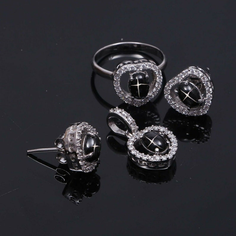 Black Star Sapphire bridal jewellery set, Hear Shape Jewellery set, Black star,Star jewelry set, wedding jewellery, bridesmaid gift image 1