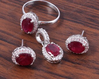 Natural Ruby Ring Earrings Pendant Jewelery Set,Matching Jewelery,Halo Statement Jewelry,Art Deco Wedding Jewelry ,925 Sterling Silver Gift
