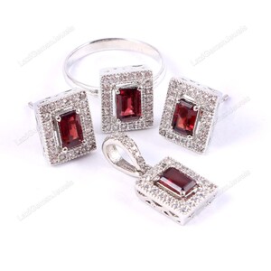 Conjunto de joyas de granate auténtico en plata de ley 925, pendientes de granate, colgante de granate, anillo de granate, conjunto de cuatro piezas para mujer, regalo