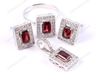 Set di gioielli in vero granato in argento sterling 925, orecchini in granato, ciondolo in granato, anello in granato, set di quattro gioielli da donna, regalo