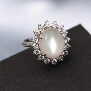 Oval Moonstone Engagement Ring: Sterling Silver Solitaire, Cubic Zircon Accents