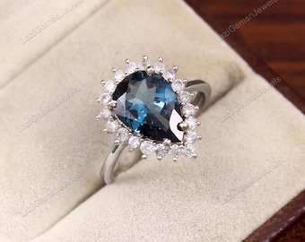 Genuine London blue topaz wedding ring Pear cut silver simple promise ring November birthstone 925 Sterling Silver