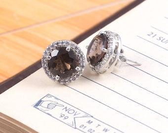 Minimalist Smoky Quartz Earrings,Simple Stud Earrings,Dainty Statement Earrings,Delicate Jewelry Earrings,925 Sterling Silver,Birthday Gift