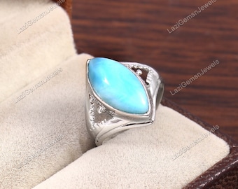 Natural Larimar Ring | 925 Sterling Solid Silver Ring | Marquise Gemstone Ring | Jewelry Ring | Everyday Jewelry | Valentine's Day Gift