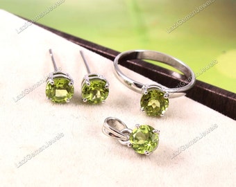 Peridot Jewellery Set, Silver and Peridot Stud Earrings, Peridot Pendant Necklace, Silver Nest Earrings Pendant, Art Deco, Sterling Silver