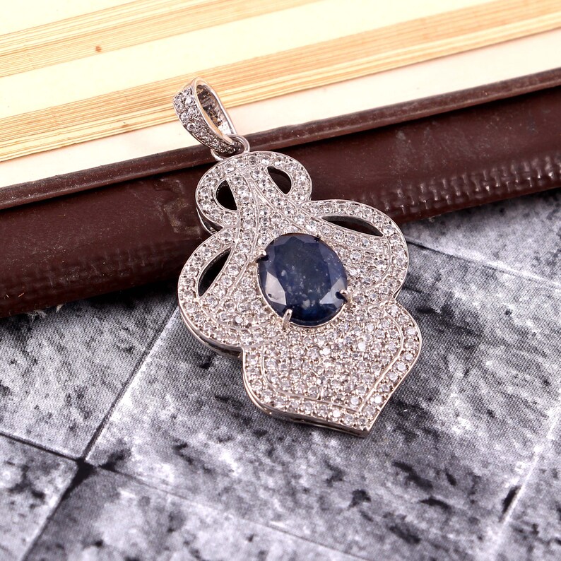 Sapphire Pendant 925 Sterling Silver Minimalist Vintage Charm-Dainty Yoga Pendant-September Birthstone Statement Choker Pendant gift her