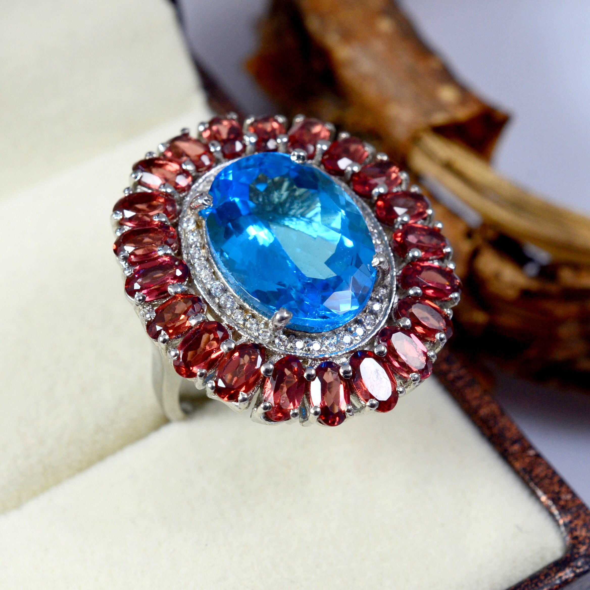 Swiss Blue Topaz Ring Garnet Ring 925 Sterling Silver Minimalist