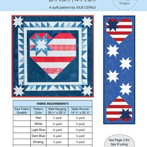 May include: Star Spangled Heart quilt pattern by Julie Cefalu for a 28.5 by 28.5 inch wall hanging and a 14.5 by 50.5 inch table runner. The design features red, white, and blue heart motifs with star patterns and includes a fabric requirements table.