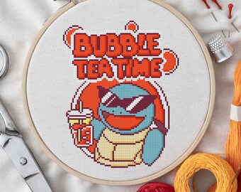 Squirtle Bubble Tea Cross Stitch Pattern | Bubble Tea Time | Cute Pokémon PDF Pattern