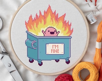 I’m Fine Cross Stitch Pattern | Dumpster Fire Meme | Funny Anxiety PDF Pattern