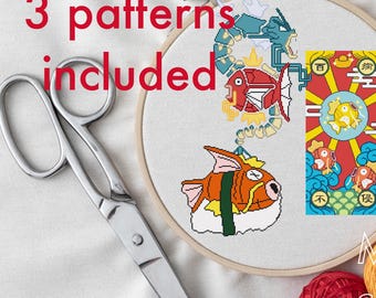 Magikarp Cross Stitch Pattern Bundle – 3 PDF Patterns – Instant Download – Pokemon Inspired | Patrón de Punto de Cruz
