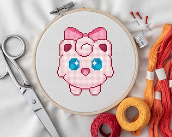 Jigglypuff Cross Stitch Pattern – Cute Pokémon with Bow – Kawaii Pastel PDF