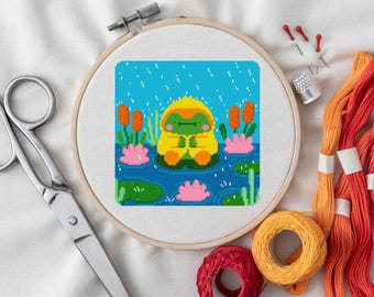 Rainy Day Frog Cross Stitch Pattern – Cottagecore Cozy Design (PDF Instant Download)