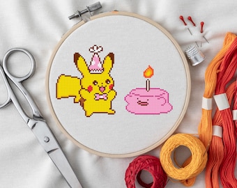 Birthday Pikachu Cross Stitch Pattern | Cute Pokémon Birthday PDF