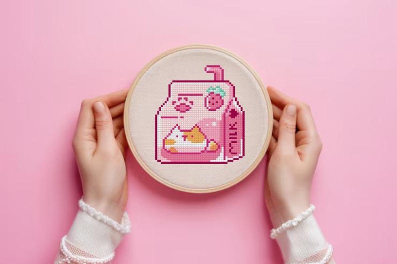 Strawberry Milk Carton Cross Stitch Pattern | Cute Cat Milk | Kawaii ...