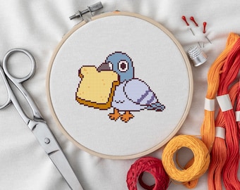 Funny Pigeon Cross Stitch Pattern | Pigeon with Bread | Urban Bird Meme PDF