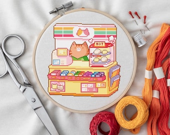 Convenience Store Cat Cross Stitch Pattern | Cozy Japanese Shop Scene | Large Detailed PDF Pattern