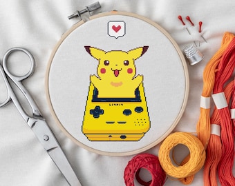 Pikachu Gameboy Cross Stitch Pattern | Game Boy Color | Pokemon Embroidery (PDF Pattern Instant Download)