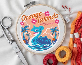 Lapras Cross Stitch Pattern – Orange Islands Scene – Pokemon Inspired PDF Instant Download