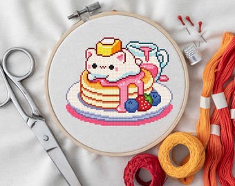 Pancake Cat Cross Stitch Pattern | Kawaii Breakfast Animal Embroidery (PDF Download)