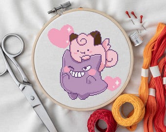 Gengar and Clefairy Cross Stitch Pattern – Valentine Pokémon Couple – Cute PDF