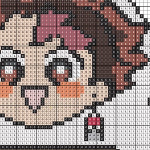 Puede incluir: Patr&oacute;n de punto de cruz pixelado de la cara de un personaje de dibujos animados, con tonos de marr&oacute;n, rosa y negro. El dise&ntilde;o est&aacute; compuesto por peque&ntilde;as puntadas cuadradas, creando un efecto de mosaico. El tema general es una linda artesan&iacute;a hecha a mano.