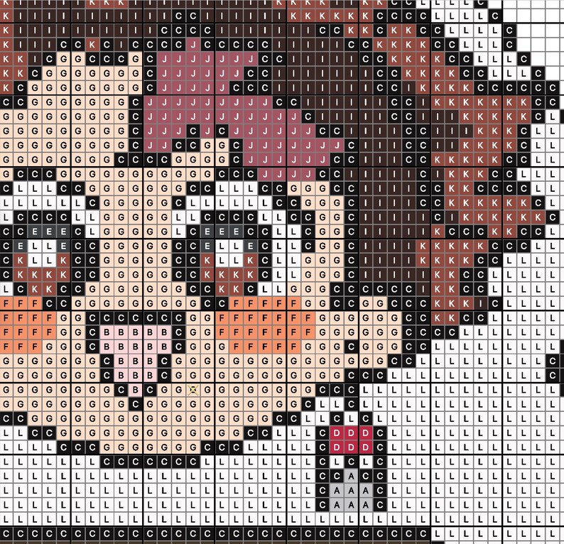Puede incluir: Patr&oacute;n de punto de cruz pixelado de la cara de un personaje de dibujos animados, con tonos de marr&oacute;n, rosa y negro. El dise&ntilde;o est&aacute; compuesto por peque&ntilde;as puntadas cuadradas, creando un efecto de mosaico. El tema general es una linda artesan&iacute;a hecha a mano.