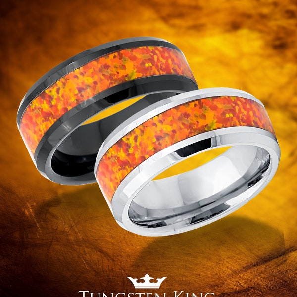 Tungsten Ring Black/Men's w/ Synthetic Red Fire Opal Color Inlay Beveled Edge Wedding Band Anniversary Band Comfort Fit  - 8mm