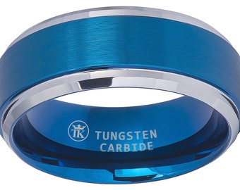 0.21ctw Blue Sapphire 3-Stone Tungsten Ring Brushed Finish Blue IP Comfort Fit 2-Tone Tungsten Wedding Ring TN744BS September Birthstone